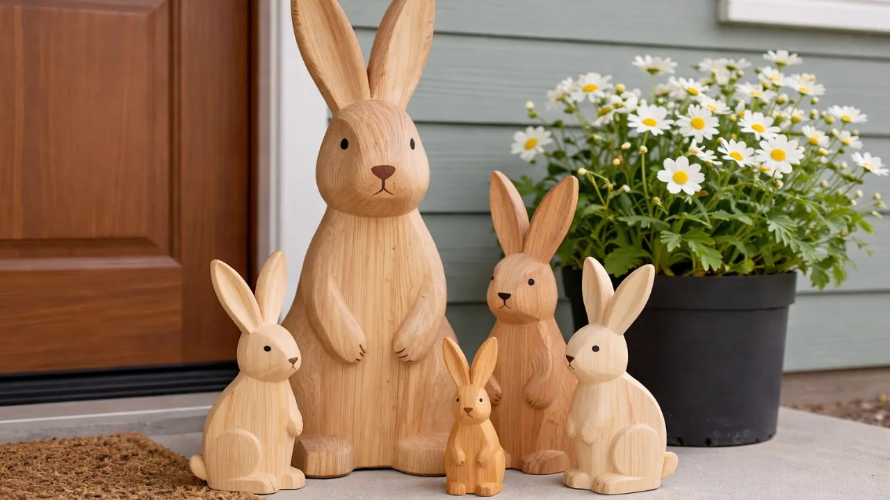 Holz-Osterhasen als Osterdeko am Hauseingang neben Blumentopf mit Margeriten und Haustür im Frühling.