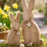Osterdeko aus Holz mit zwei Holzhasen im Garten zwischen Narzissen und Moos dekoriert