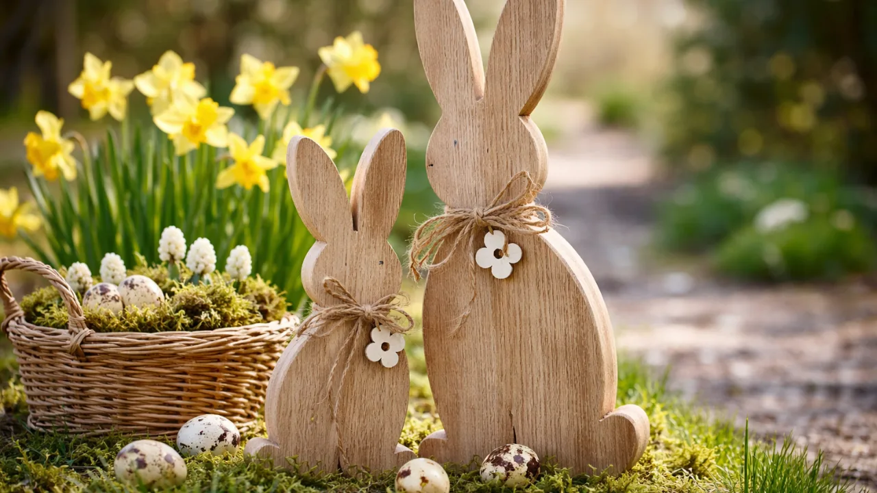 Osterdeko aus Holz mit zwei Holzhasen im Garten zwischen Narzissen und Moos dekoriert