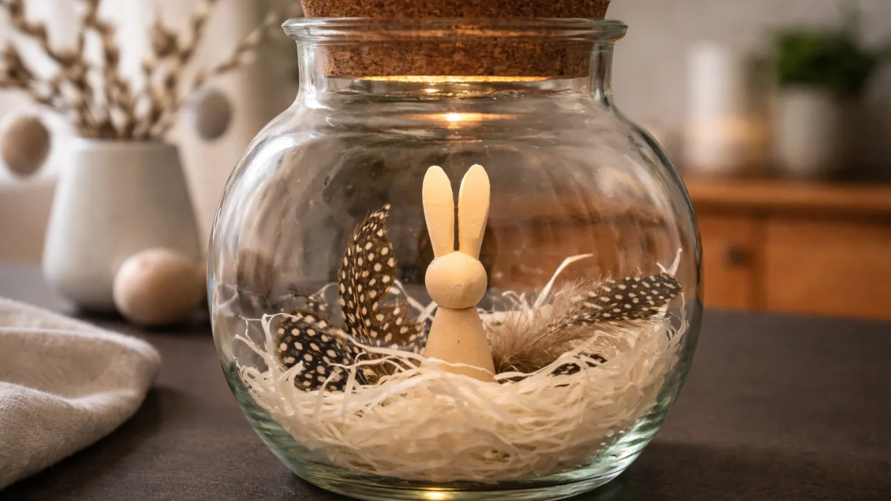 Osterdeko im Glas mit Holzhase, Federn und Naturmaterialien stimmungsvoll dekoriert