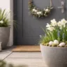 Moderne Osterdeko Hauseingang mit Pflanzkübeln, Narzissen und minimalistischem Türkranz im Garten