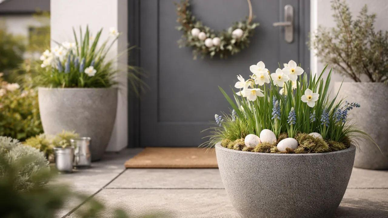 Moderne Osterdeko Hauseingang mit Pflanzkübeln, Narzissen und minimalistischem Türkranz im Garten