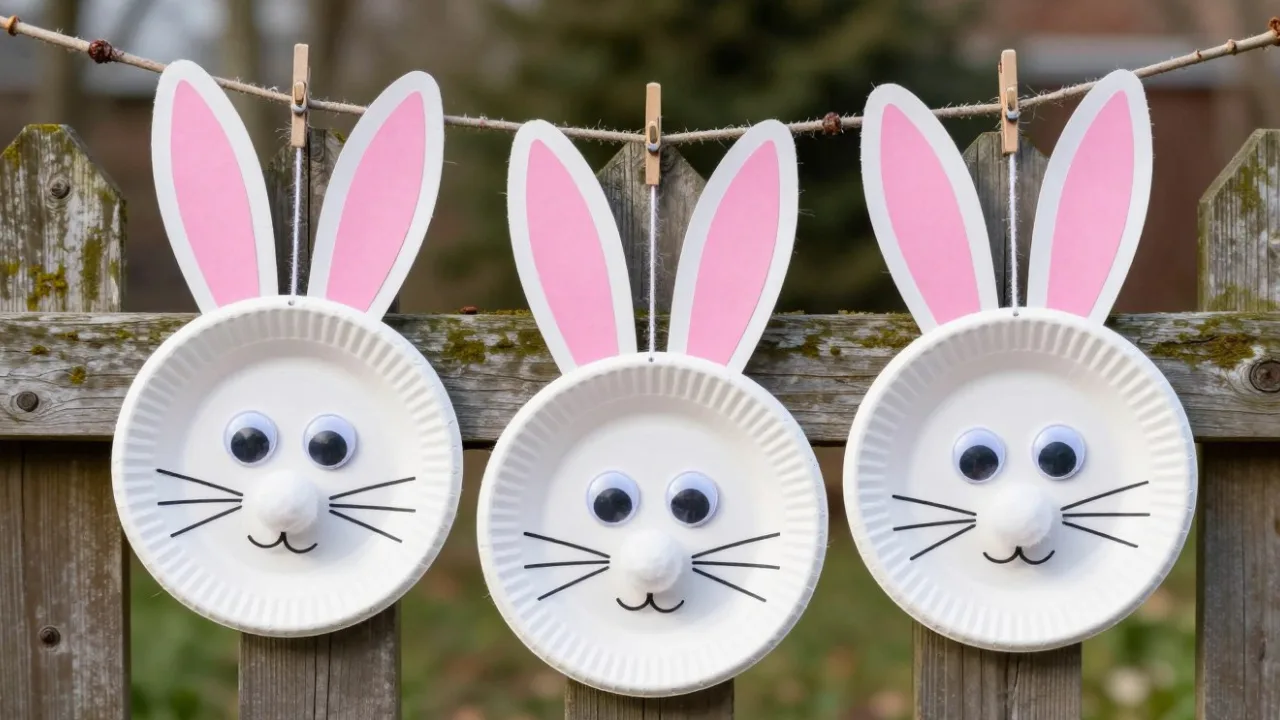 Osterdeko selber machen mit Kindern für den Garten: gebastelte Hasen aus Papptellern hängen an einer Schnur im Gartenzaun