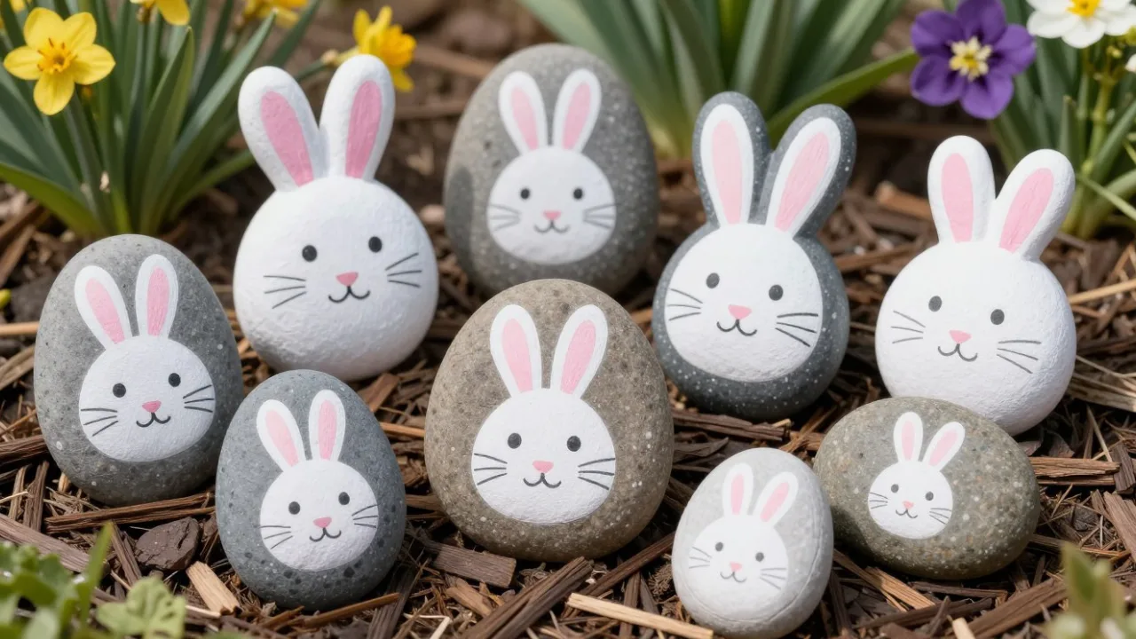 Osterdeko selber machen mit bemalten Steinen als Hasen im Frühlingsbeet