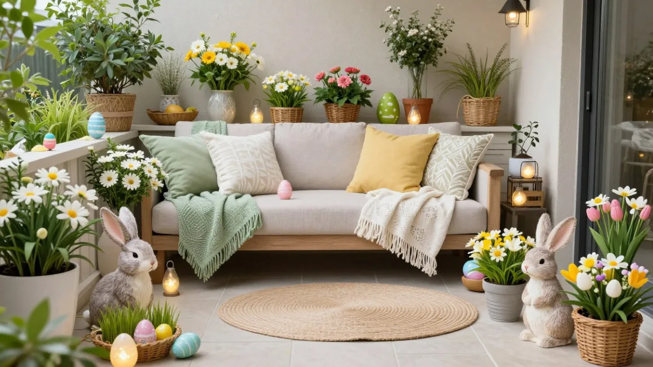 Osterdeko für die Terrasse mit Frühlingsblumen, Hasenfiguren, Kissen und gemütlicher Sitzbank auf der Terrasse im Frühling