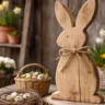 Moderne Osterdeko mit Holzhasen, Frühlingsblumen und Naturmaterialien im Garten als Trendidee zu Ostern