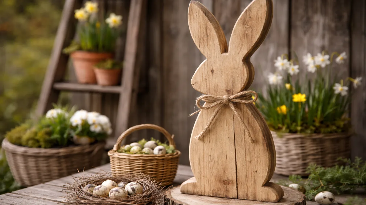Moderne Osterdeko mit Holzhasen, Frühlingsblumen und Naturmaterialien im Garten als Trendidee zu Ostern