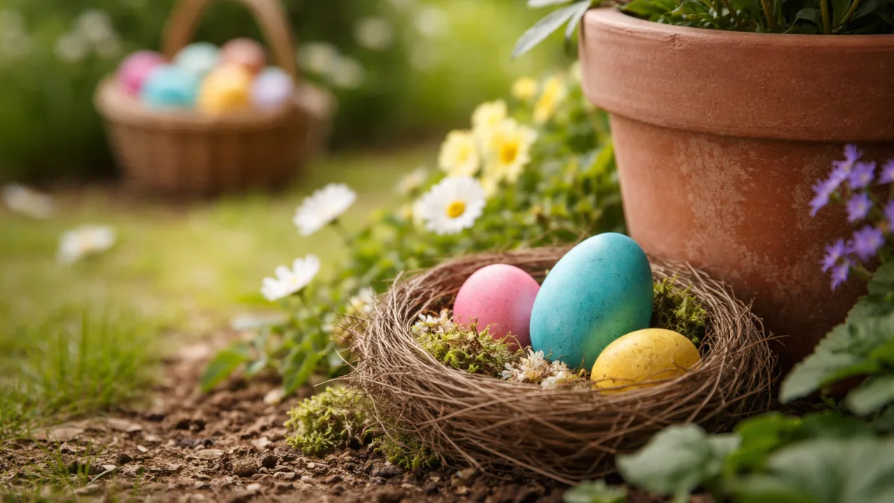 Ostereierverstecke im Garten mit bunten Eiern im Nest zwischen Blumen und Pflanzkübel bei natürlichem Licht