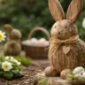 Osterhasen Deko im Garten mit Holzfigur, Blumen und natürlicher Frühlingsdekoration