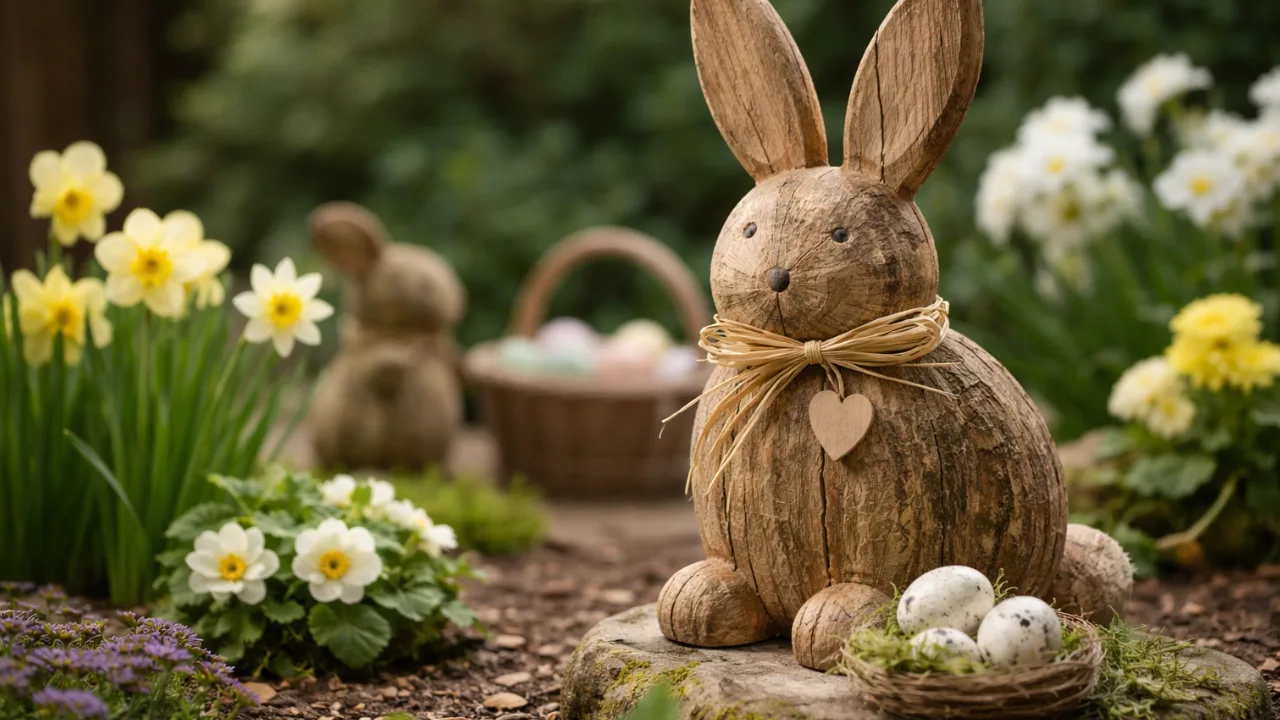 Osterhasen Deko im Garten mit Holzfigur, Blumen und natürlicher Frühlingsdekoration