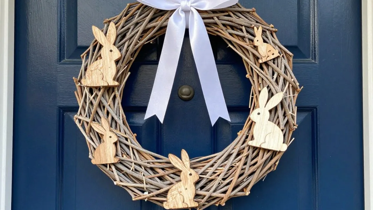 Natürlicher Osterkranz für die Haustür aus Zweigen mit Holzhasen als DIY Osterdeko