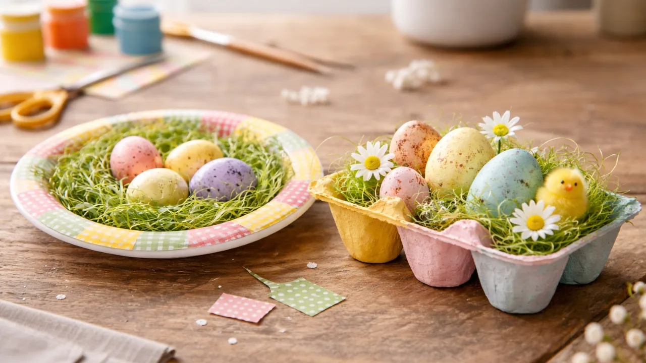 5 einfache Osternest-Bastelideen für Kinder ohne großen Aufwand Osternest basteln mit Kindern aus Pappteller und Eierkarton im Querformat dekoriert mit bunten Ostereiern