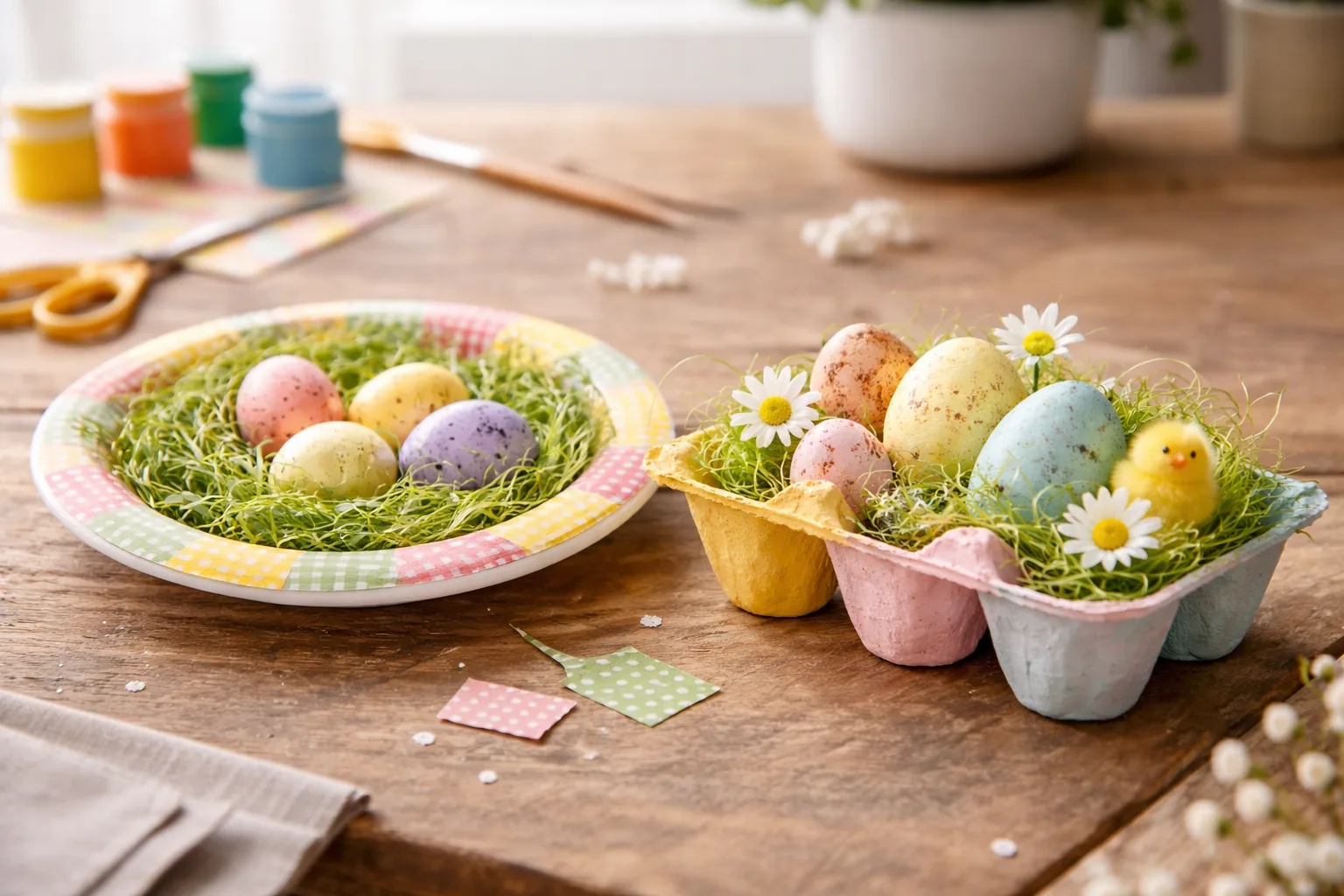 Osternest basteln mit Kindern aus Pappteller und Eierkarton im Querformat dekoriert mit bunten Ostereiern