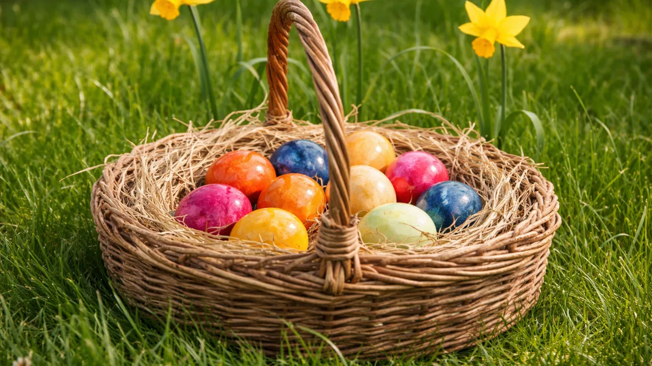 Osternest Deko im Garten mit bunten Ostereiern im Korb und Narzissen im Hintergrund