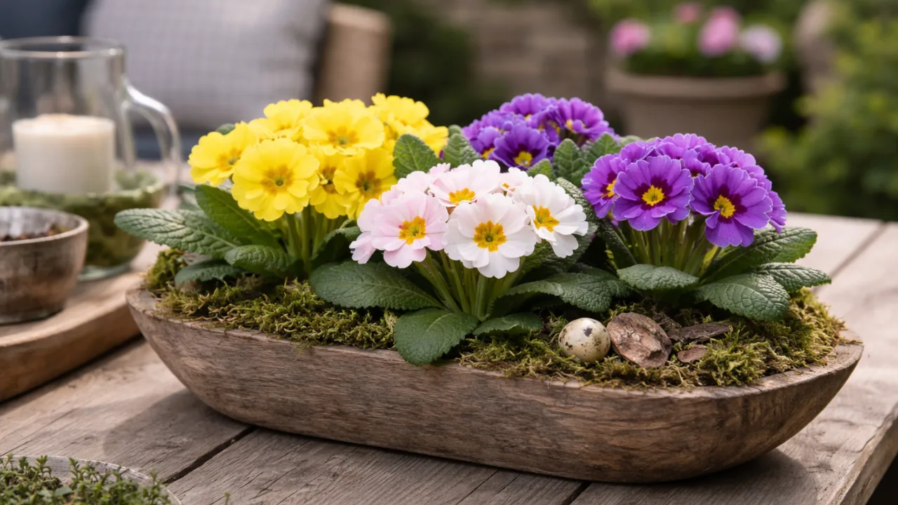 Primeln Deko in Holzschale mit Moos und Frühlingsblumen auf Gartentisch im natürlichen Licht