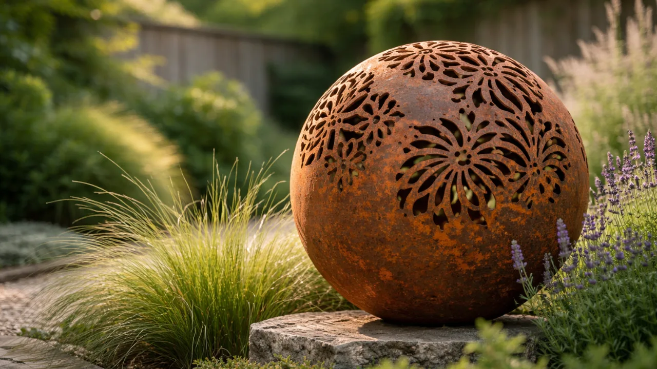 Gartendeko mit Rost Kugel im Gartenbeet mit Gräsern und Lavendel in natürlicher Umgebung