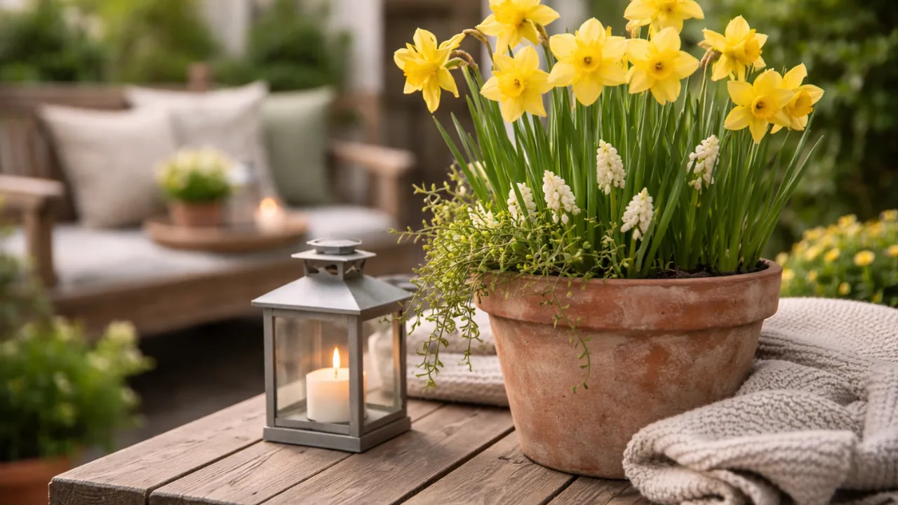 Terrassen Deko im April mit Narzissen im Topf, Holz, Textilien und stimmungsvollem Licht