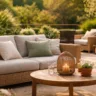 Große Terrasse gemütlich gestalten mit Lounge Möbeln, Pflanzenkübeln und stimmungsvoller Beleuchtung im Garten