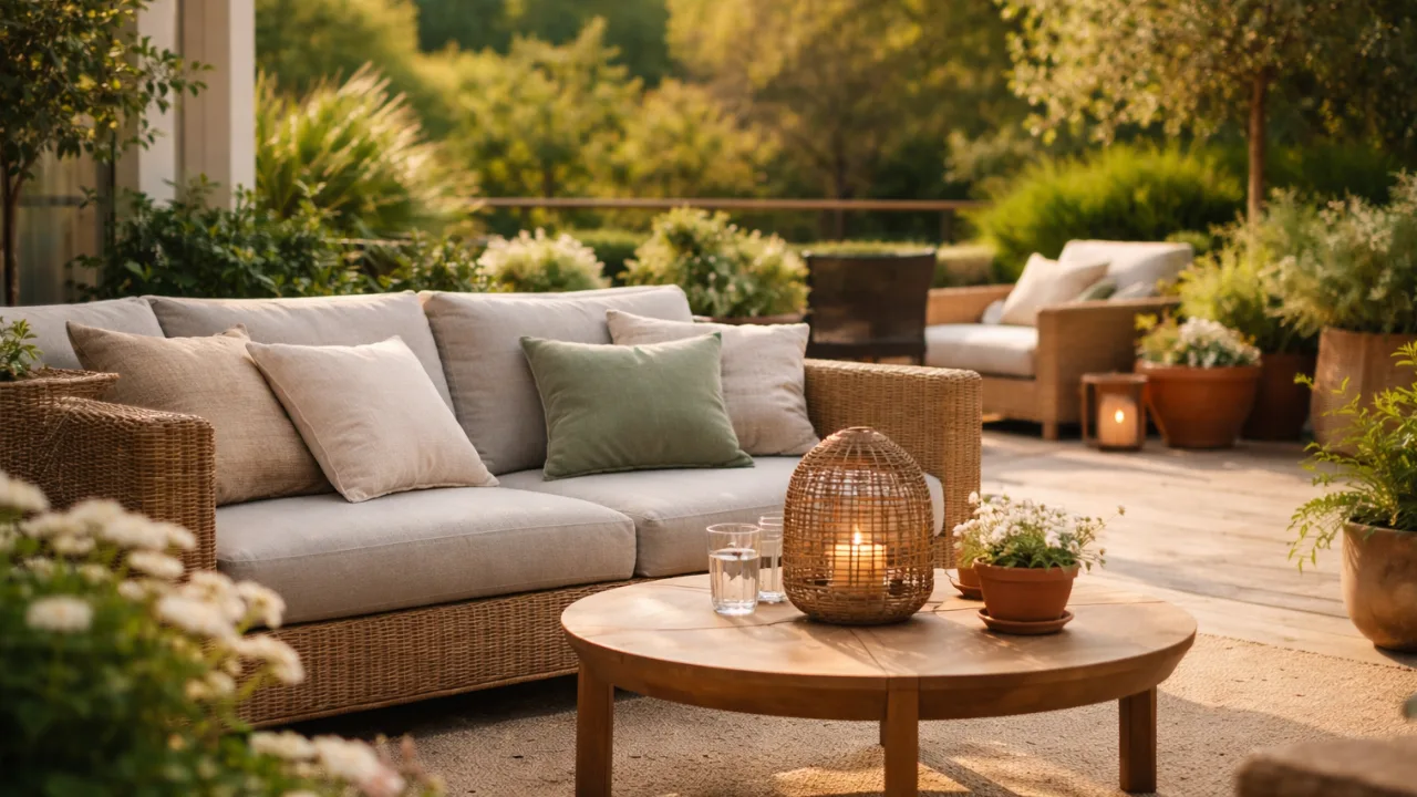 Große Terrasse gemütlich gestalten mit Lounge Möbeln, Pflanzenkübeln und stimmungsvoller Beleuchtung im Garten