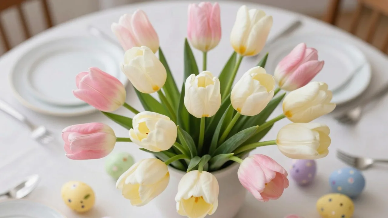 Tischdeko zu Ostern mit Tulpen in Pastellfarben in weißer Vase auf festlich gedecktem Tisch mit Ostereiern