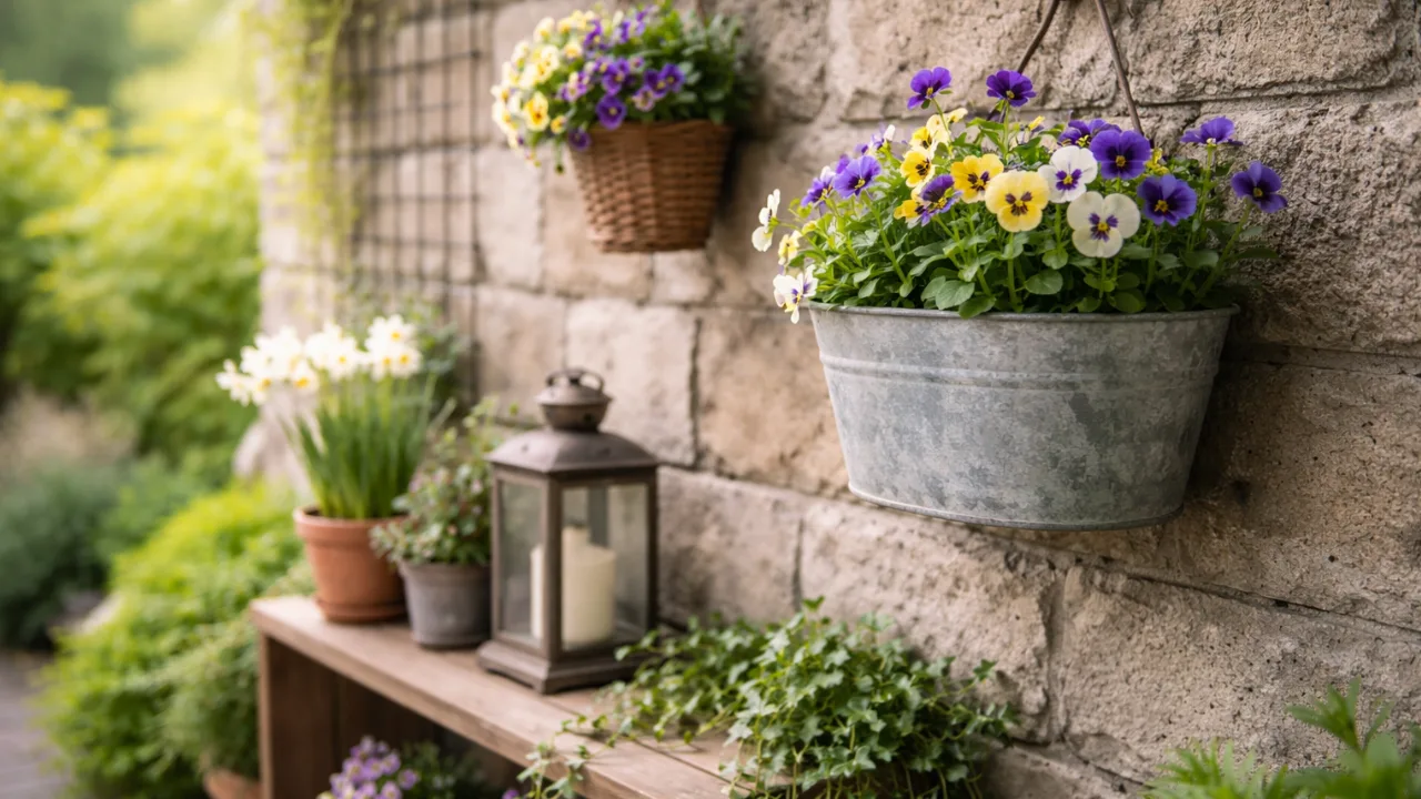 Gartenmauer Deko im April mit Frühblühern, Pflanzgefäßen und natürlicher Wandgestaltung im Garten