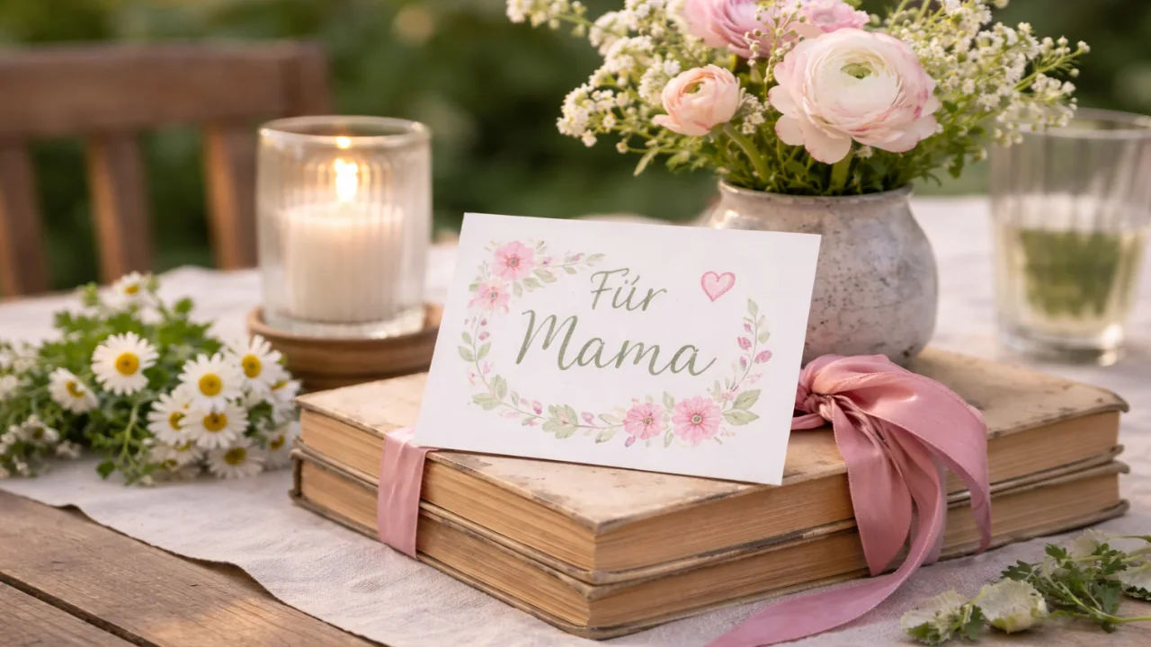 Muttertag Tischdeko Gartentisch mit Blumen, Kerzen und persönlicher Karte im Garten