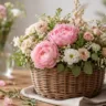 Muttertagsdeko mit Blumen in Korb, rosa Pfingstrosen, natürliche Tischdeko, warme Atmosphäre