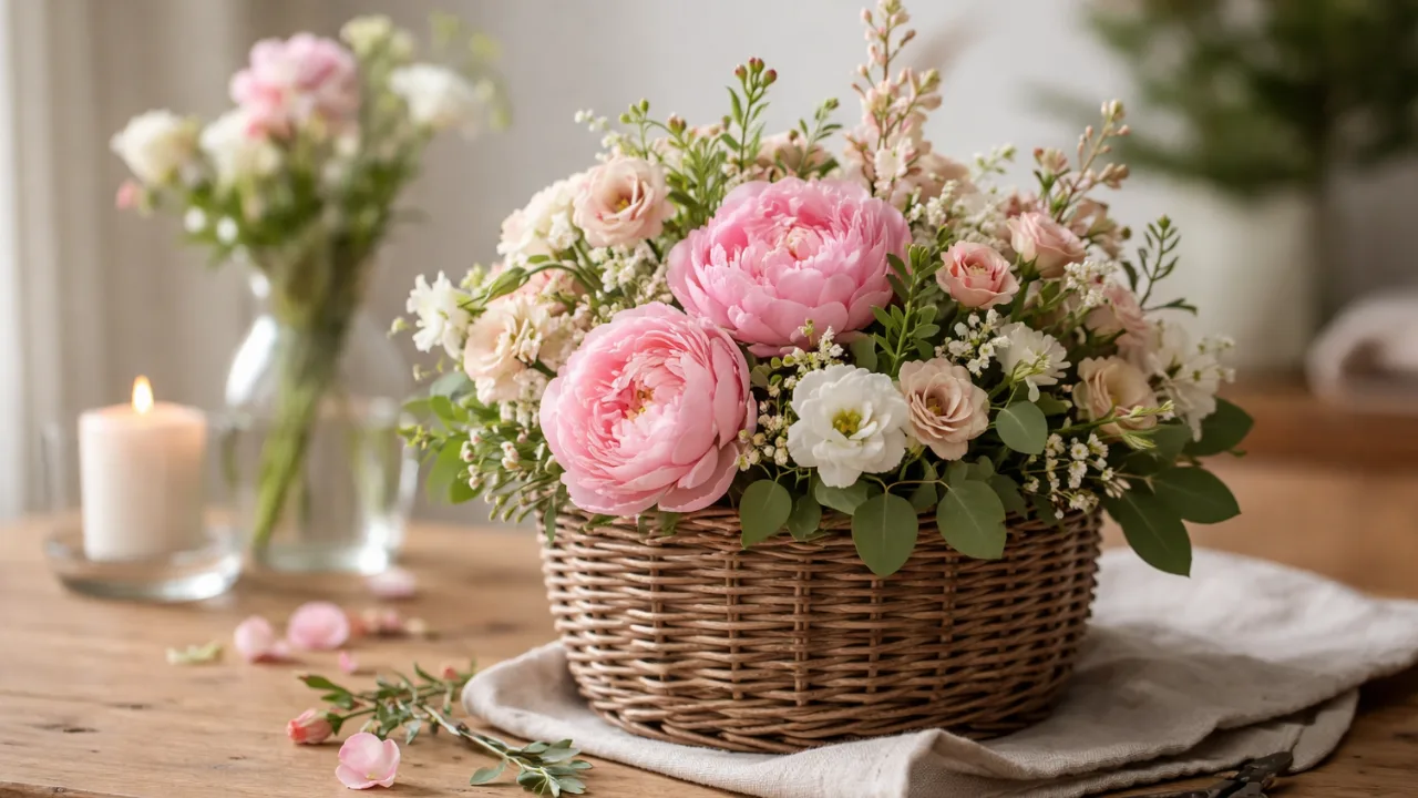 Muttertagsdeko mit Blumen in Korb, rosa Pfingstrosen, natürliche Tischdeko, warme Atmosphäre
