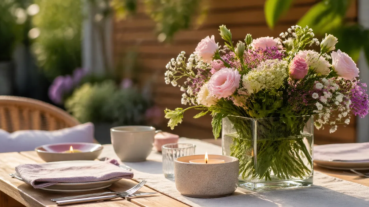 Moderne Muttertagsdeko im Garten mit Tisch, Blumen und Kerzen im natürlichen Licht