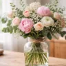 Perfekter Blumenstrauß zum Muttertag mit Rosen, Pfingstrosen und Eukalyptus in Vase