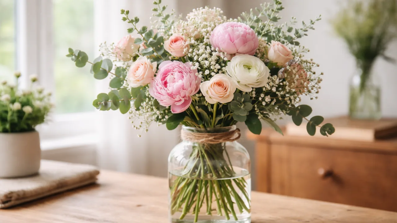 Perfekter Blumenstrauß zum Muttertag mit Rosen, Pfingstrosen und Eukalyptus in Vase