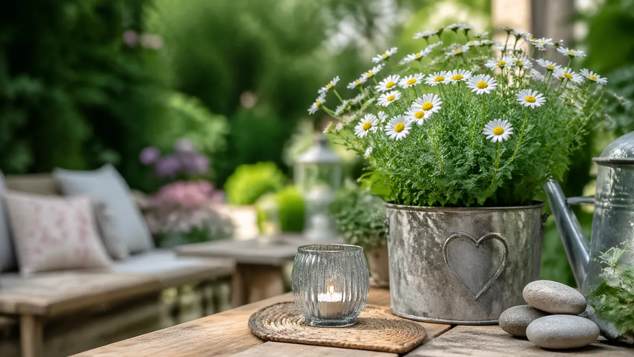 Gartendeko im Mai mit Blumentopf, Kerze und ruhigem Sitzbereich im Garten