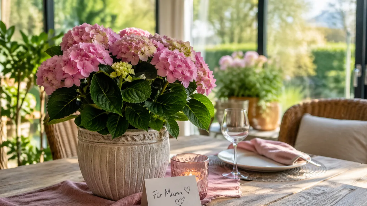 Muttertag Wintergarten Tischdeko mit Hortensie, Kerzen und natürlichem Licht