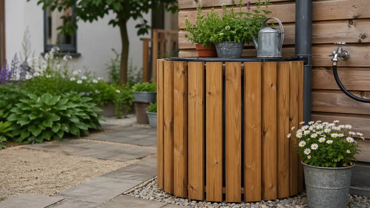 Regentonne DIY mit Holzverkleidung im Garten, dekorativ bepflanzt und natürlich integriert