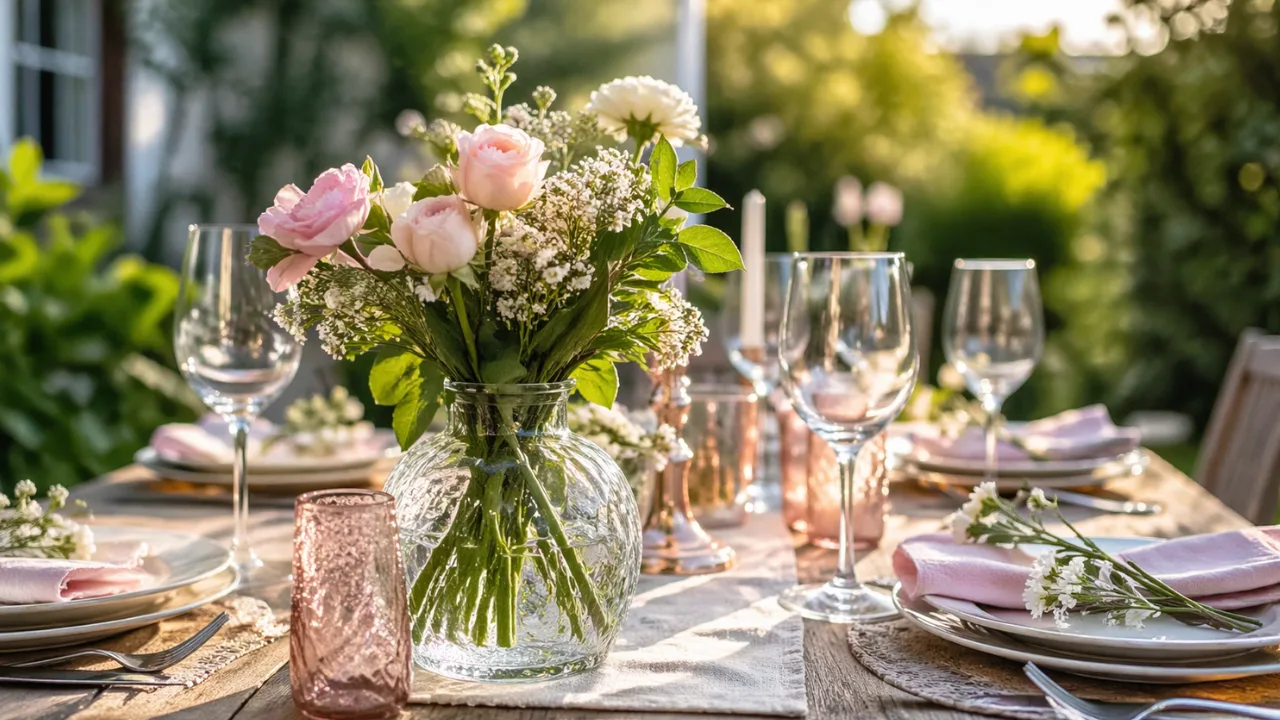 Gartenparty zum Muttertag Tischdeko mit Blumen, Kerzen und gedecktem Gartentisch im Sonnenlicht