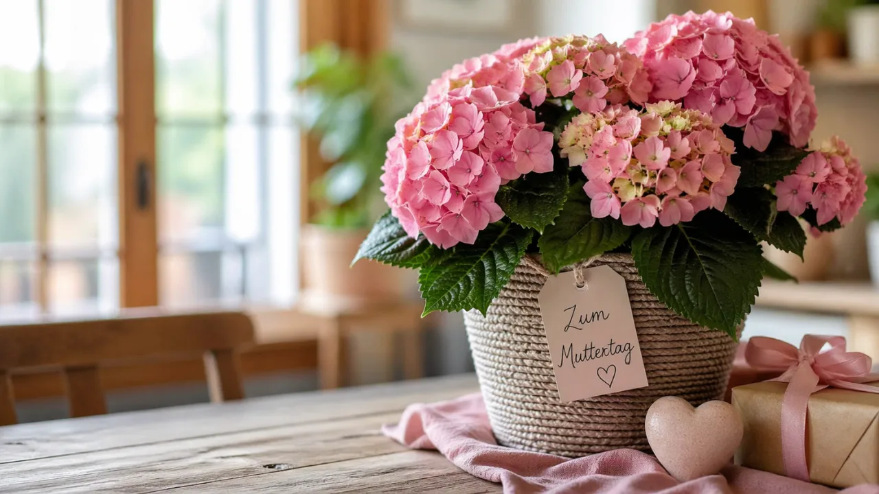 Muttertag Blumen Geschenk mit Hortensie im Topf auf Holztisch natürlich dekoriert