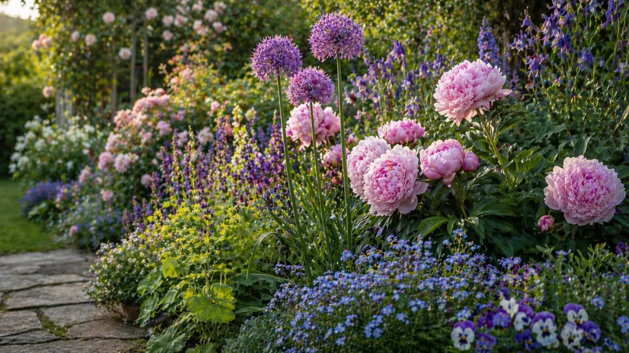 Blumenbeet im Mai mit Pfingstrosen, Zierlauch, Vergissmeinnicht und Stiefmütterchen im Garten