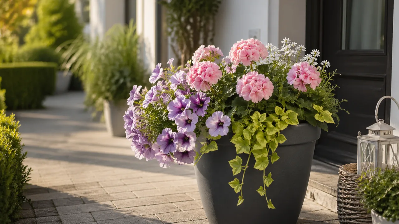 Vorgarten Deko im Mai mit blühendem Kübel als Blickfang