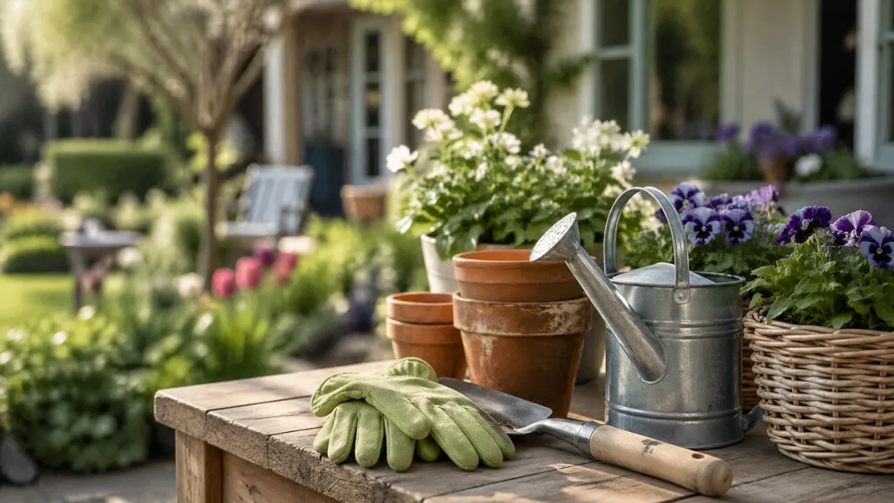 Gartenarbeiten im Mai mit Werkzeug, Pflanzen und Gießkanne im Frühlingsgarten