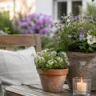Gartendeko im Mai mit Terrakotta Töpfen, Blumen und Kerzenlicht auf Holzterrasse