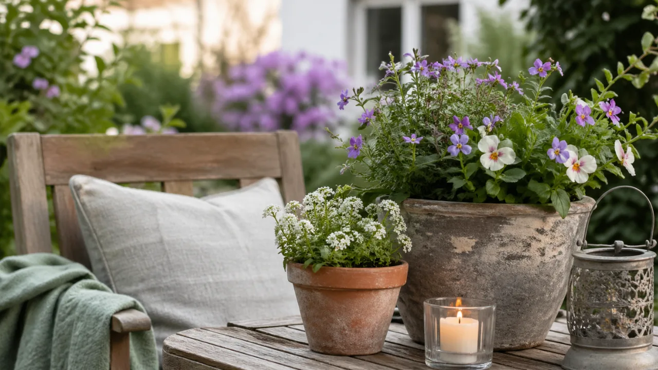 Gartendeko im Mai mit Terrakotta Töpfen, Blumen und Kerzenlicht auf Holzterrasse