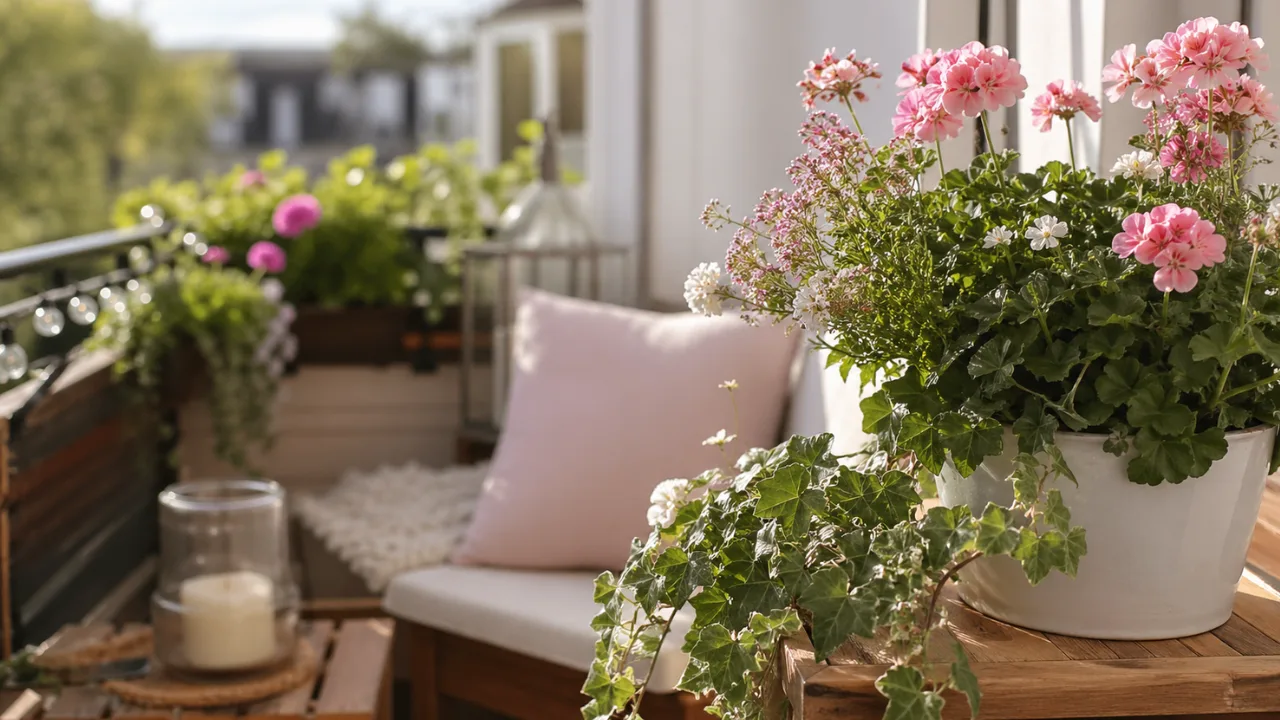 Balkondeko im Mai mit Blumen, Kissen und natürlicher Deko auf sonnigem Balkon