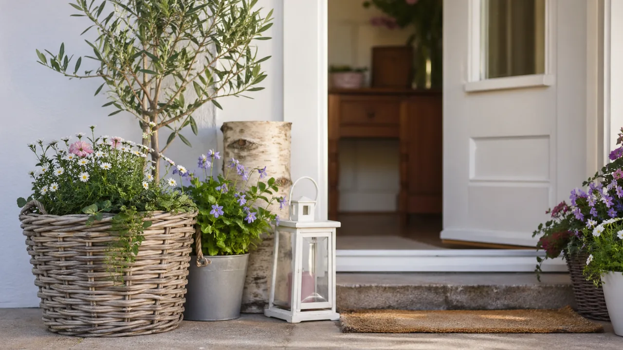 Hauseingang Deko im Mai mit Pflanzkübeln, Blumen und natürlicher Eingangsgestaltung