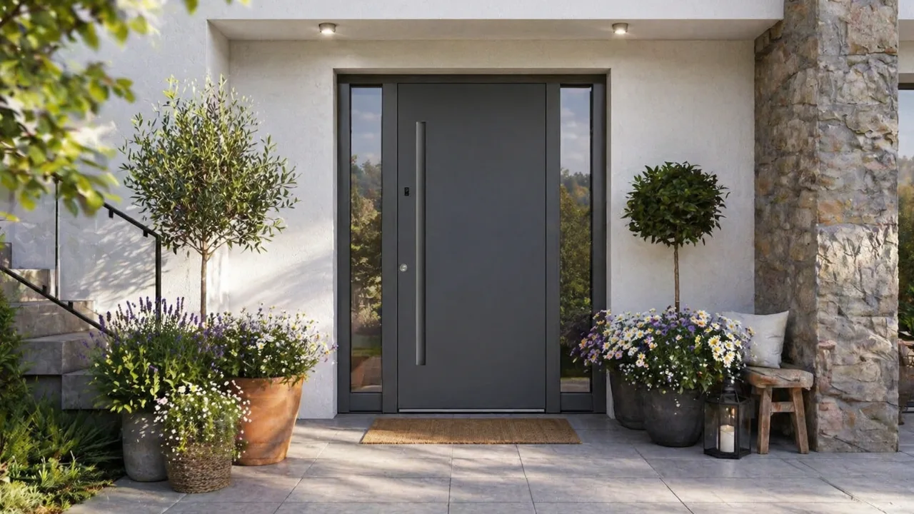 Haustürdeko im Mai mit Laternen, Pflanzen und warmem Licht am Hauseingang