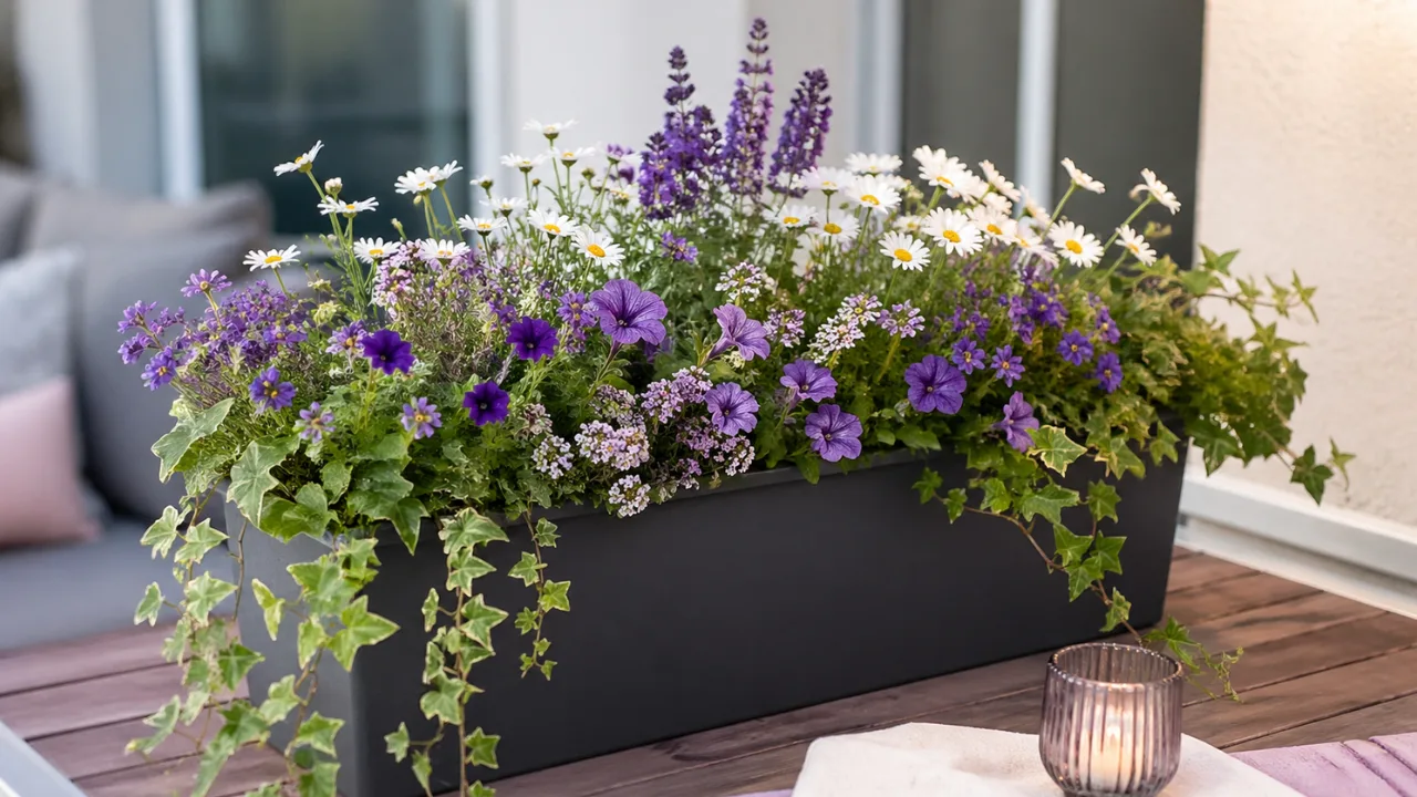 Blumenkasten Deko im Mai mit lila und weißen Blumen, hängendem Efeu und natürlicher Balkon Gestaltung