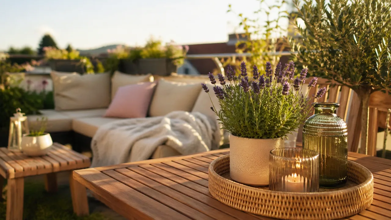 Dachterrasse Deko im Mai mit Lavendel, Holzmöbeln, Kissen und stimmungsvoller Beleuchtung