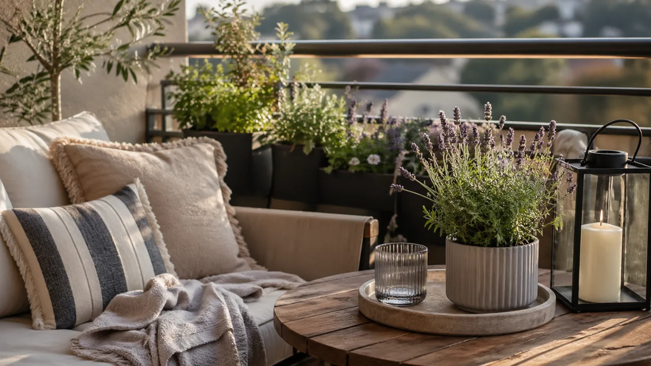 Balkon ohne Dach im Mai mit Pflanzen, Kissen und wetterfester Deko gemütlich gestaltet