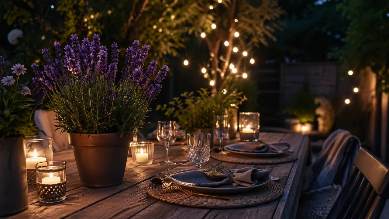 Gartenparty Deko im Mai mit Tischdeko, Kerzenlicht und Lichterkette am Abend im Garten