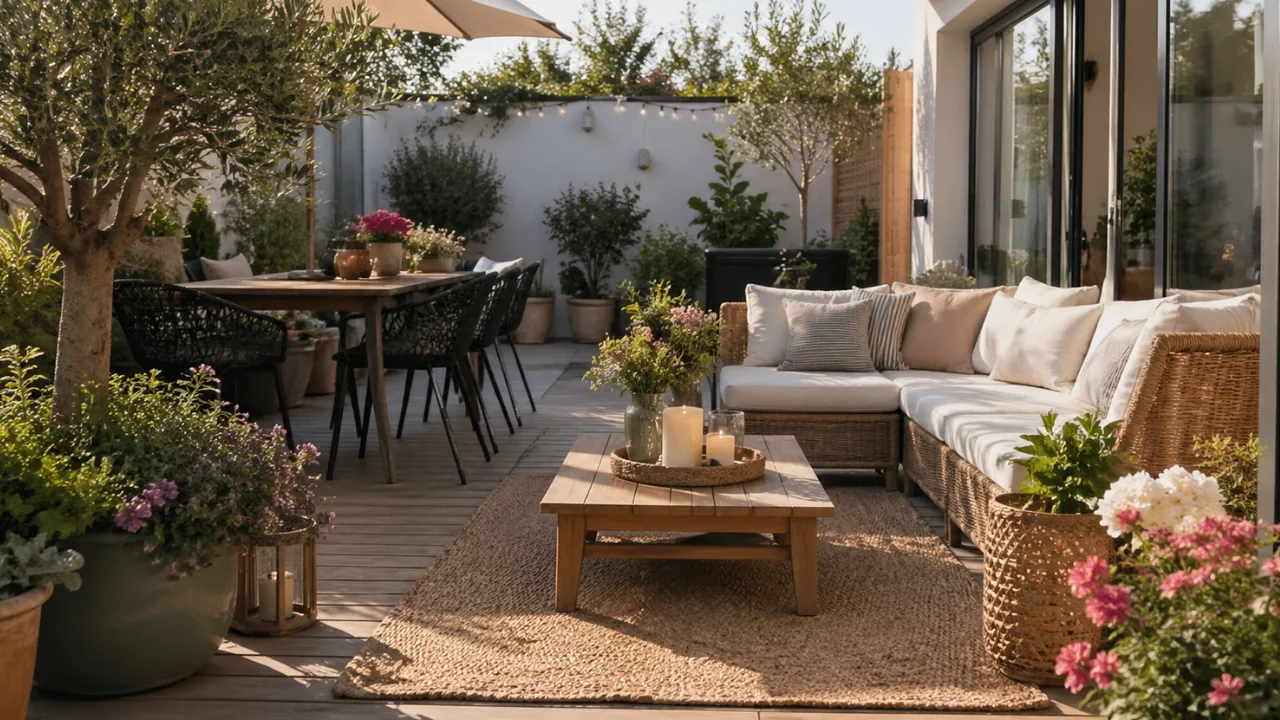 Terrassen Deko im Mai mit Pflanzen, Möbeln und gemütlicher Sitzecke im Garten