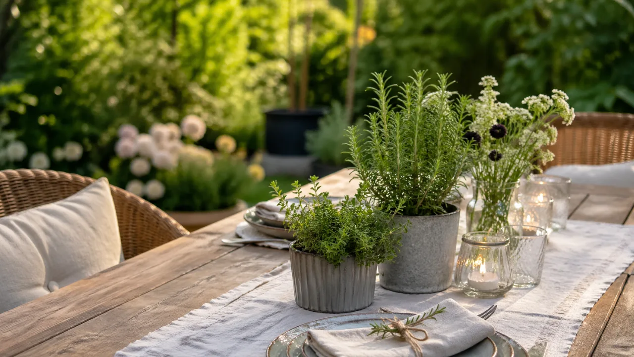 Gartentisch Deko im Mai mit Kräutern, Kerzenlicht und natürlicher Tischgestaltung im Garten